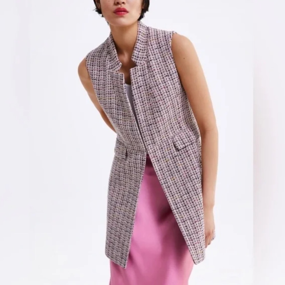 ZARA Tweed Open Vest Long Jacket L